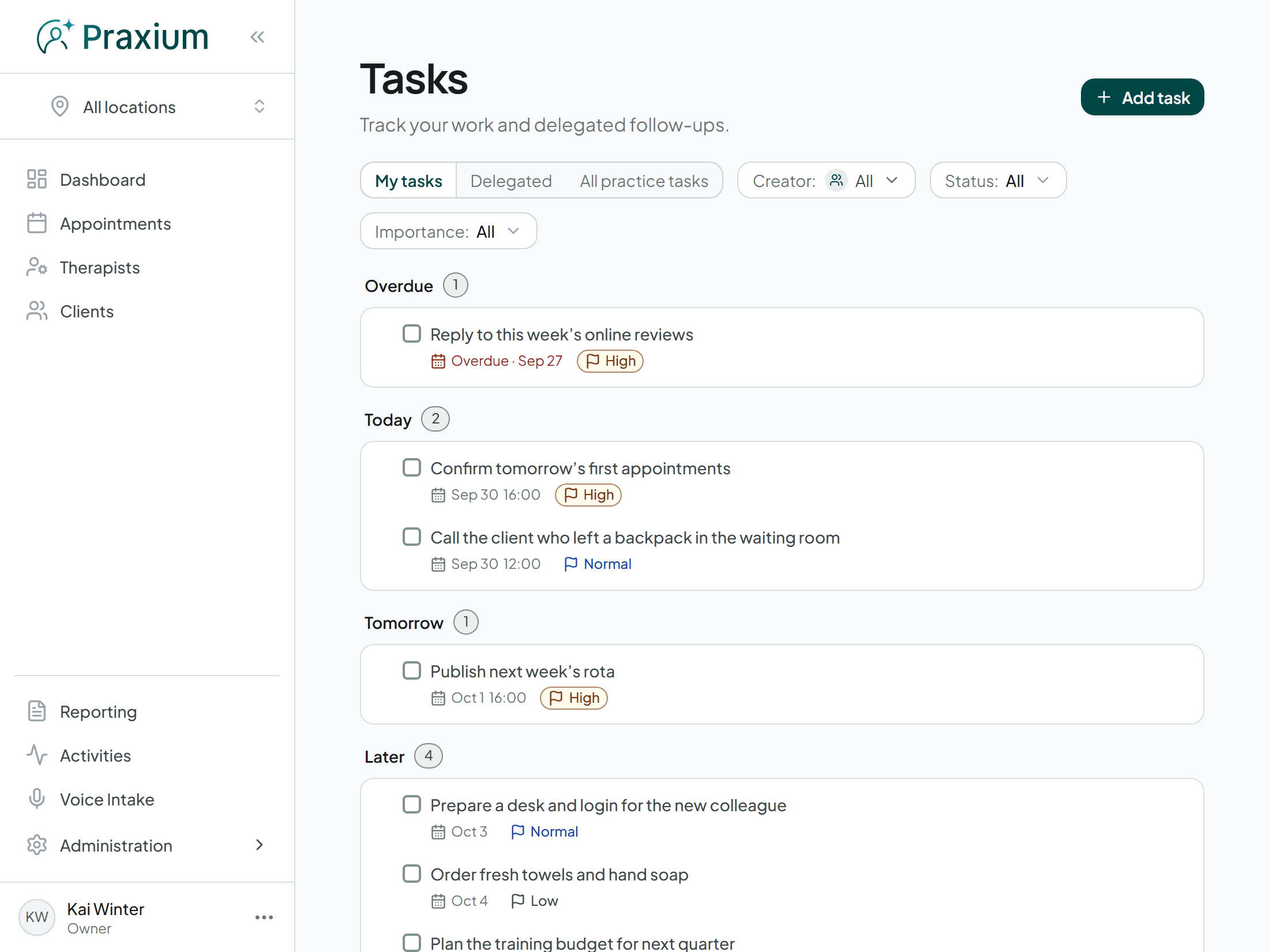 La pagina delle attività di Praxium, con i richiami scaduti, in arrivo e completati